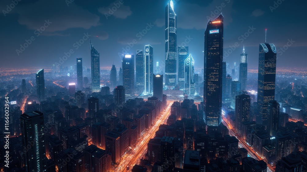 custom made wallpaper toronto digitalThe heart of a modern megacity at night, illuminated by neon lights and digital billboards, with towering skyscrapers and unique, futuristic architectural designs