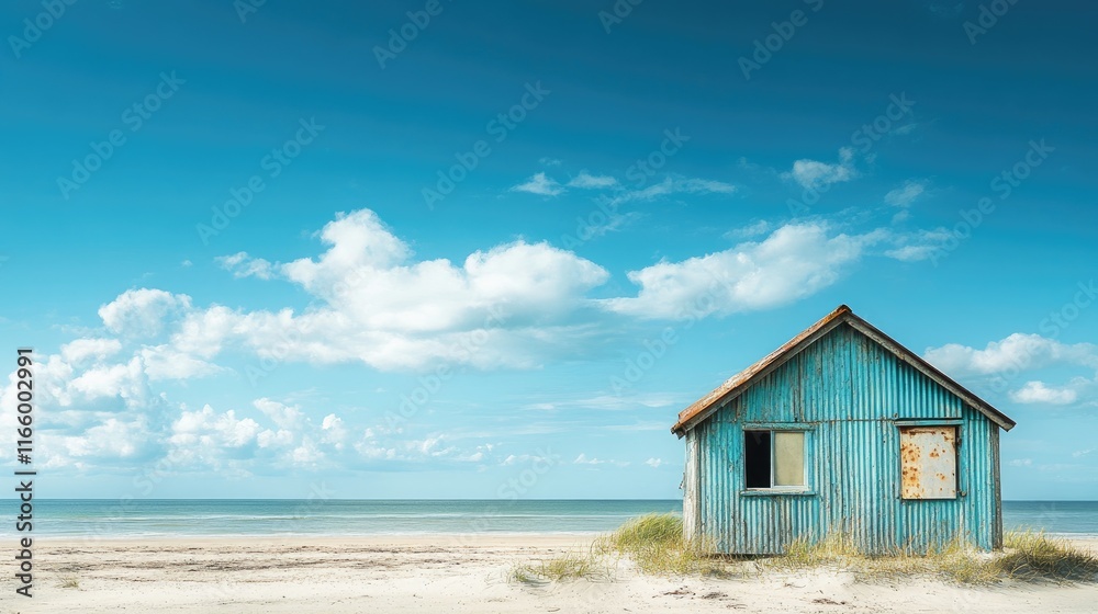Weathered Blue Beach House Under a Summer Sky Weathered Blue Beach House Under a Summer Sky