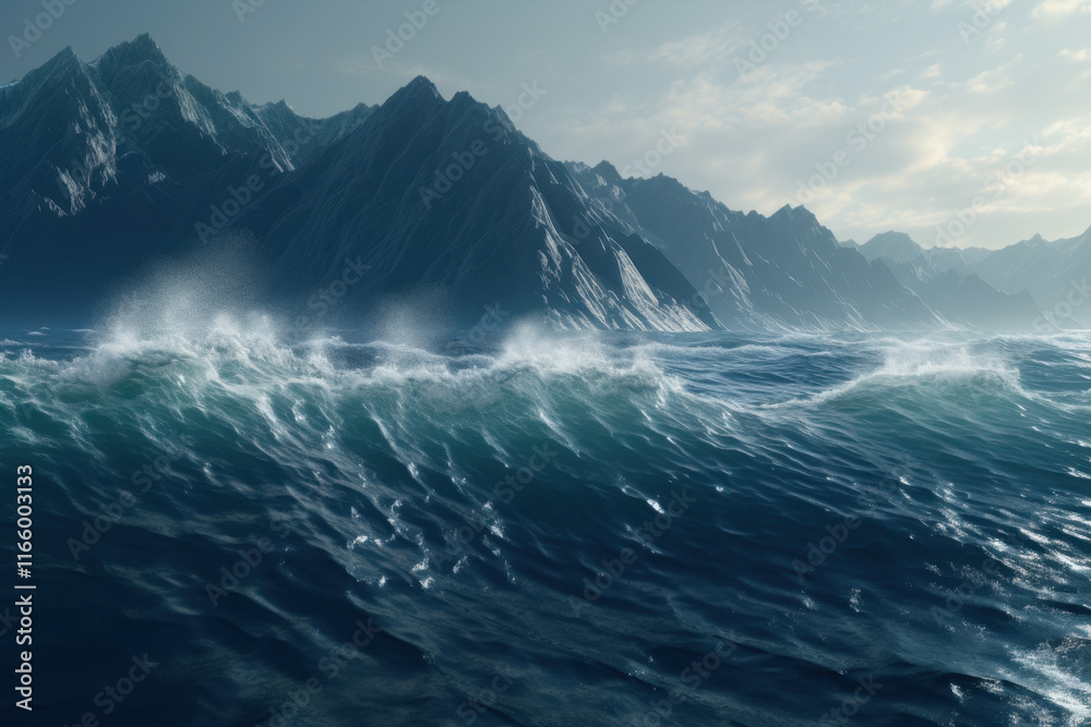 Fototapeta premium Dramatic Ocean Waves Crashing Against Rugged Mountains