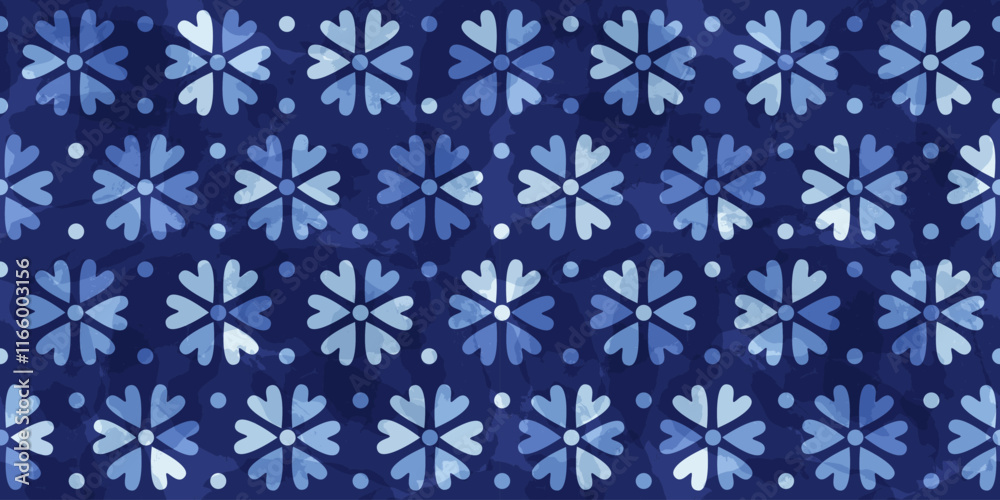 Heart shape flowers seamless vector pattern. Floral and polka dot geometric blue print