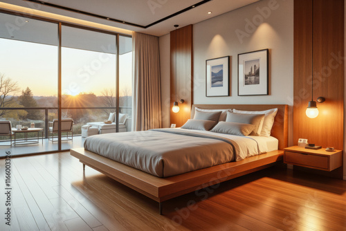 A photo of minimalistic bedroom interior design: A bedroom with a large bed and a large window.