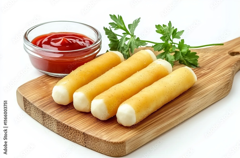 Mixed cheese and corn fritters on a wooden plate with ketchup, isolated on a white background. chicken nuggets and ketchup Mixed cheese and corn fritters on a wooden plate with ketchup, isolated on a white background. chicken nuggets and ketchup