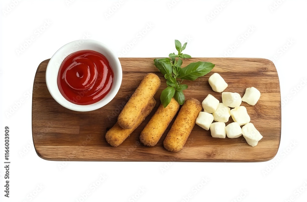 Mixed cheese and corn fritters on a wooden plate with ketchup, isolated on a white background. chicken nuggets and ketchup Mixed cheese and corn fritters on a wooden plate with ketchup, isolated on a white background. chicken nuggets and ketchup