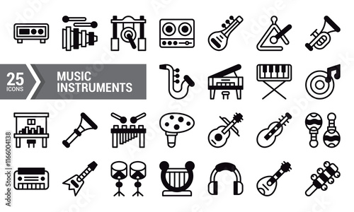 25 Music Instrument Icons in Lineal Fill Style.