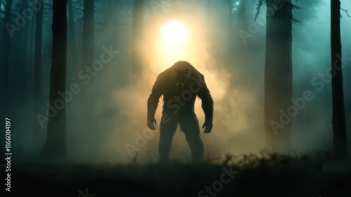 A towering creature stands in a foggy forest, illuminated by the sun's rays breaking through trees, creating an eerie yet mystical atmosphere perfect for captivating stories. photo