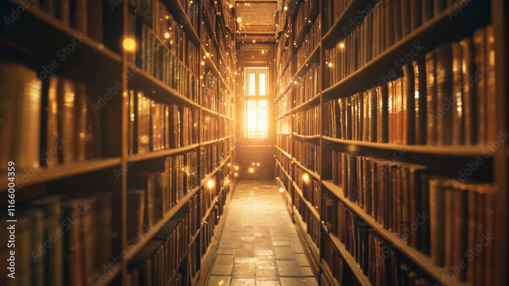 A mystical library filled with towering shelves of ancient books, glowing with magical light