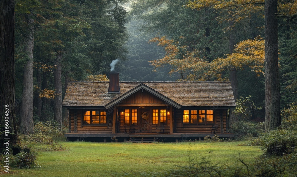 Illuminated cabin nestled in a misty forest. Illuminated cabin nestled in a misty forest.