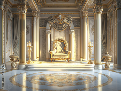 A regal King Throne stands in a grand hall, adorned with intricate carvings and luxurious fabrics, symbolizing power and authority in a generative stock photo