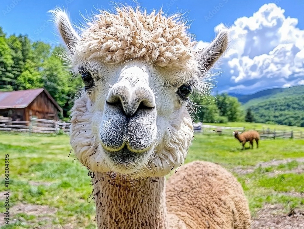 Obraz premium Curious alpaca with fluffy white coat explores green pasture under blue sky