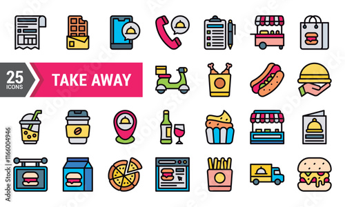 25 Colorful Take Away Food Delivery Icons.