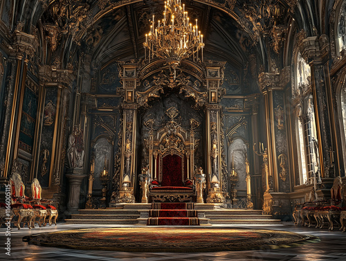 A regal King Throne stands in a grand hall, adorned with intricate carvings and luxurious fabrics, symbolizing power and authority in a generative stock photo photo