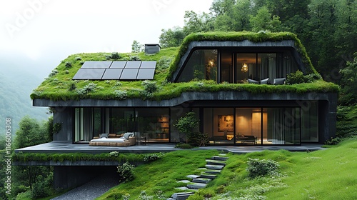 Modern eco-friendly house with green roof, solar panels, and hillside location.