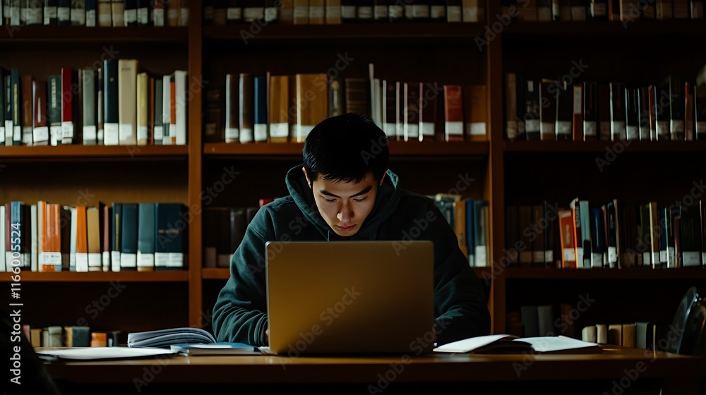 A man is sitting at a desk in a library with a laptop open in front of him A man is sitting at a desk in a library with a laptop open in front of him