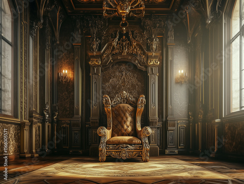 A regal King Throne stands in a grand hall, adorned with intricate carvings and luxurious fabrics, symbolizing power and authority in a generative stock photo photo