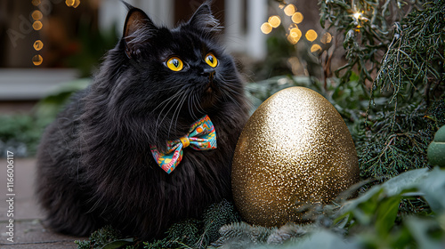 black cat with striking yellow eyes sits beside glittering gold egg, surrounded by greenery and festive lights, creating whimsical and enchanting atmosphere
