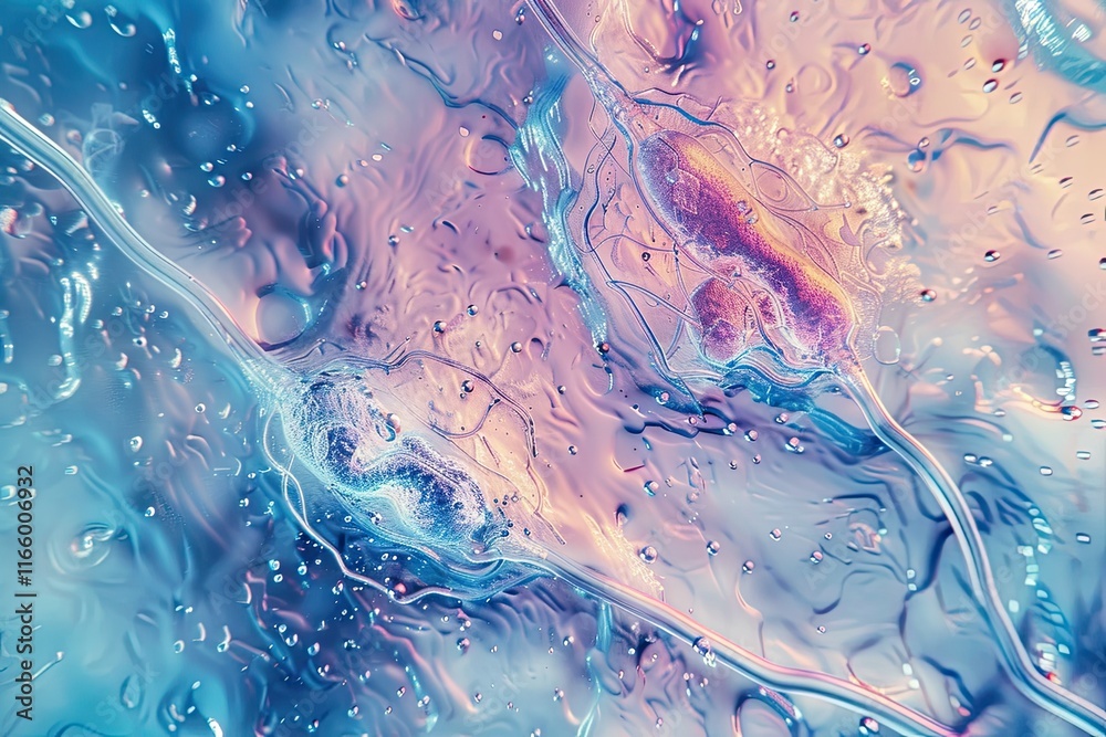 Fototapeta premium Colorful microscope shot of spermatogenesis stages, cellular details, scientific accuracy 
