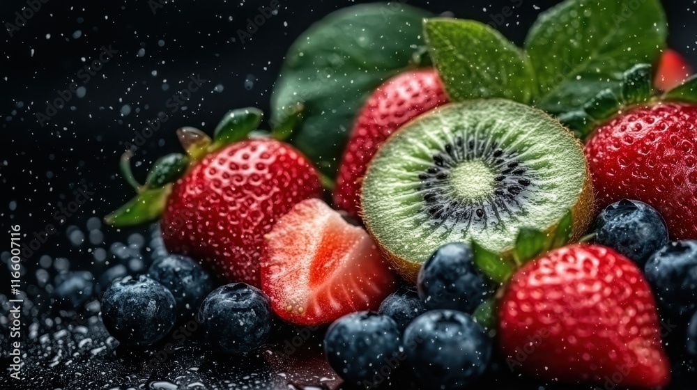 A dynamic collection of strawberries, blueberries, and kiwi artfully arranged with droplets of water splashing around, emphasizing freshness and thirst-quenching appeal. A dynamic collection of strawberries, blueberries, and kiwi artfully arranged with droplets of water splashing around, emphasizing freshness and thirst-quenching appeal.