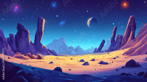 Dark night blue alien planet surface with desert and rock cliff mountains. Cartoon vector fiction outer space landscape with big stones and celestial bodies in sky for game level background.
