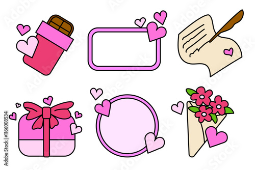 Outlined colorful Valentine day element set, romantic clip art set, box with ribbon and vows 