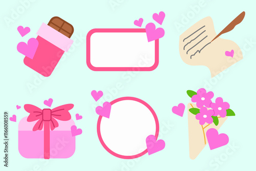 Colorful flat Valentine day element set, romantic clip art set, box with ribbons and vow