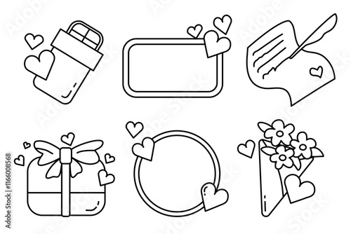 Outlined Valentine day element icon set,black and white gift and vows set