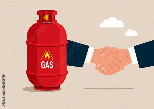 Handshake of businessmen with gas cylinder. International relationships and profit. Flat vector illustration.