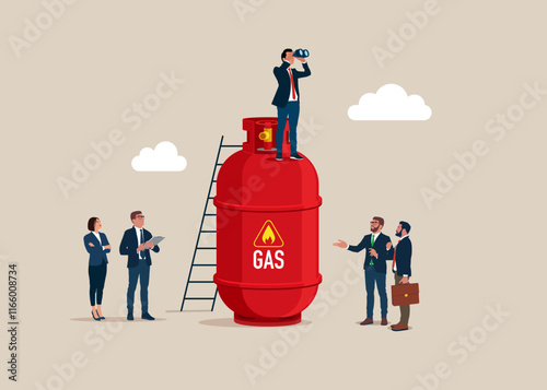 Businessman with binoculars on gas cylinder. Vision plan and perspective. Investment, wealth management. 
Gas price for trading and investment. Used for various industries. Flat vector illustration