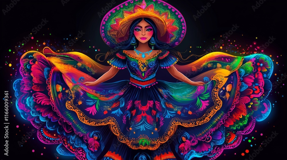 Fototapeta premium A neon portrait of a Mexican folkloric dancer in traditional clothing and a sombrero dancing a cultural dance in Mexico during Day of the Dead holiday