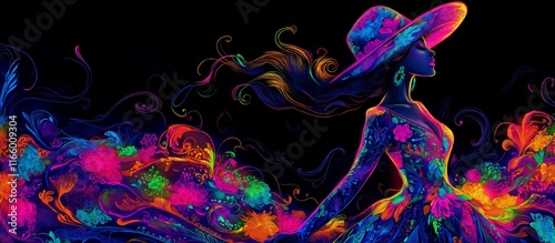 A neon portrait of a Mexican folkloric dancer in traditional clothing and a sombrero dancing a cultural dance in Mexico during Day of the Dead holiday