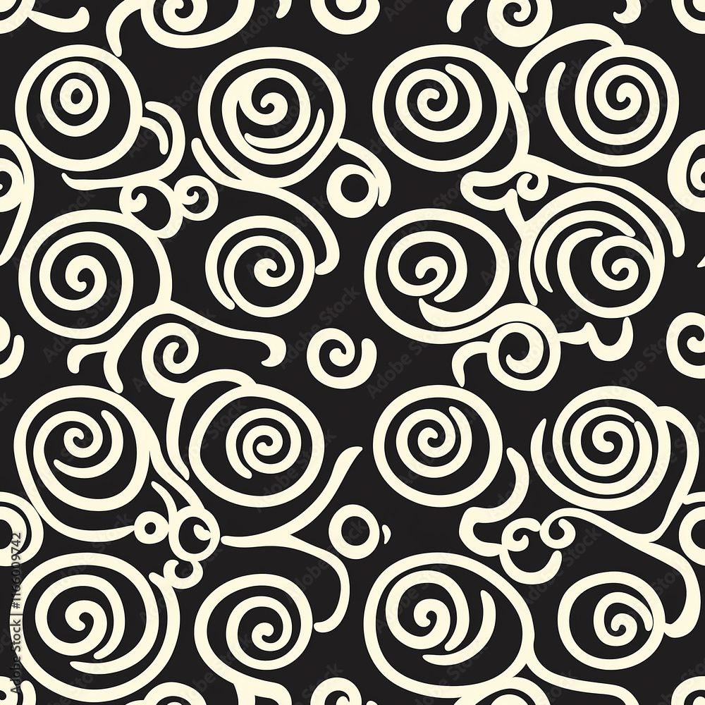 Simple Rangoli Seamlesspattern Abstract swirl pattern in cream over a black background, creating a modern and whimsical design ideal for textiles or wallpapers. Simple Rangoli Seamlesspattern Abstract swirl pattern in cream over a black background, creating a modern and whimsical design ideal for textiles or wallpapers.