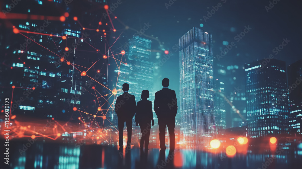 Abstract business team stands on the peak of success amid tall, innovative Smart city and graphs with statistics to analyze business potential and predict future developments in company growth. Abstract business team stands on the peak of success amid tall, innovative Smart city and graphs with statistics to analyze business potential and predict future developments in company growth.
