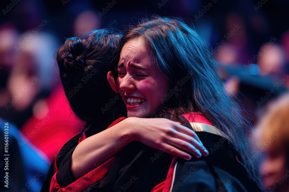 Naklejka premium Emotional graduation celebration during a ceremony with joyful graduates embracing