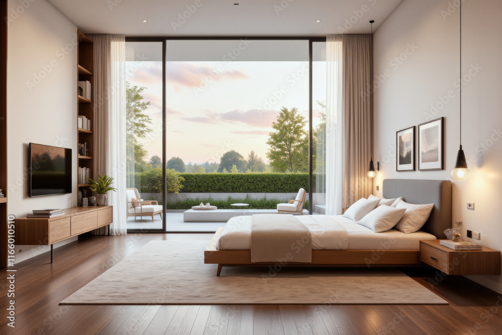 Fototapeta premium A photo of minimalistic bedroom interior design: A bedroom with a large bed and a large window.