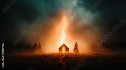 A dramatic scene featuring a haunted house illuminated by a striking lightning bolt, creating an eerie atmosphere that evokes mystery and tension. photo