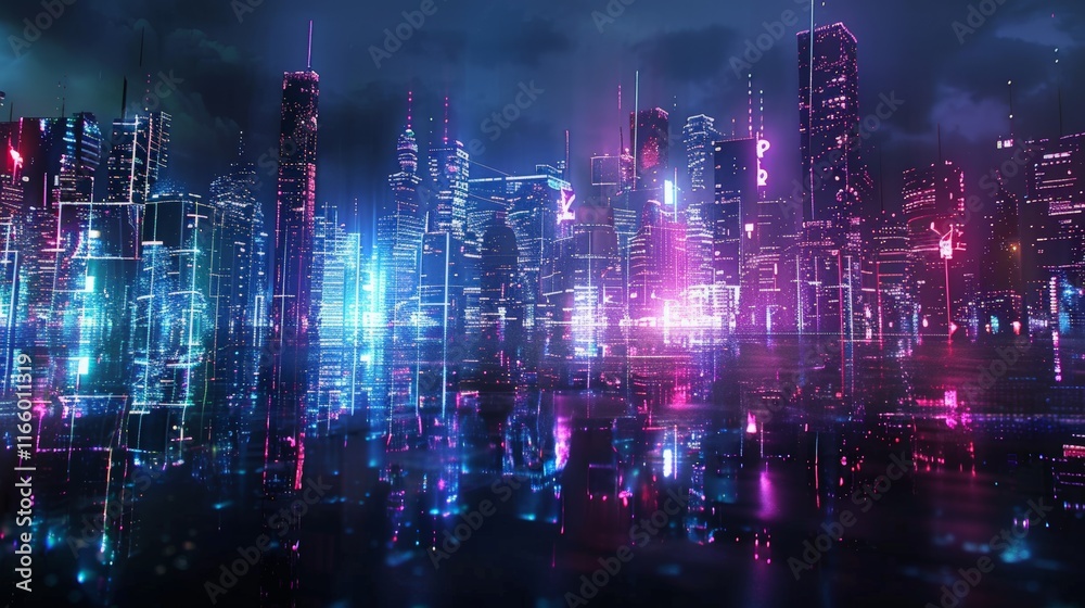 Obraz premium Futuristic cyberpunk cityscape reflecting on water at night, with neon lights and digital grids, creating a stunning visual