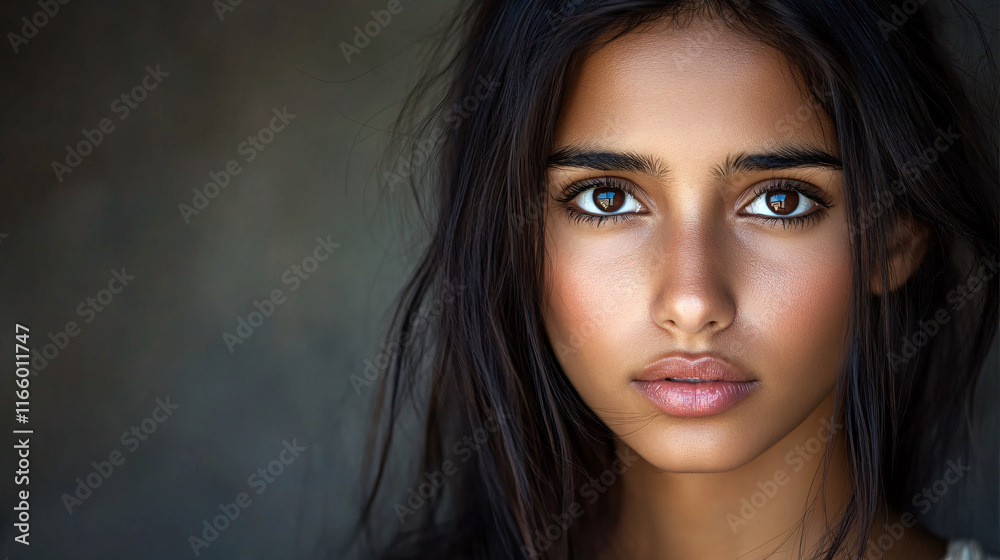 Obraz premium Close-up Portrait of a Young Woman with Long Dark Hair