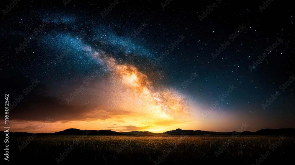 Captivating twilight scenery features an incredible celestial display, merging vibrant colors of the sky with silhouetted mountains in an enchanting landscape. Captivating twilight scenery features an incredible celestial display, merging vibrant colors of the sky with silhouetted mountains in an enchanting landscape.