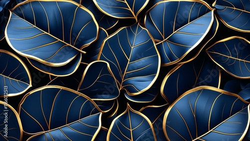Seamless pattern of blue and yellow leaves creates an abstract natural backdrop