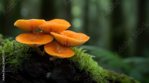 A close-up view of vibrant orange mushrooms nestled among lush greenery in a tranquil forest, showcasing nature's intricate beauty and colors. photo