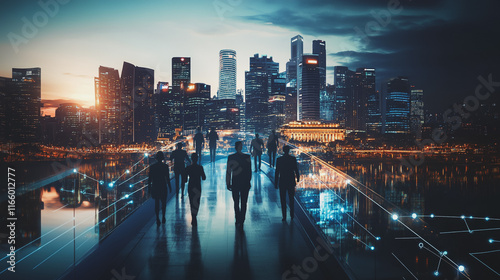 Abstract business team stands on the peak of success amid tall, innovative Smart city and graphs with statistics to analyze business potential and predict future developments in company growth.