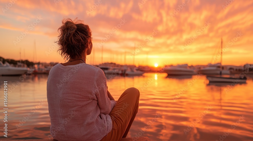 A serene silhouette of a woman sitting by the waterside, gazing at the breathtaking sunset, reflecting on life's beauty and the tranquility of the moment. A serene silhouette of a woman sitting by the waterside, gazing at the breathtaking sunset, reflecting on life's beauty and the tranquility of the moment.