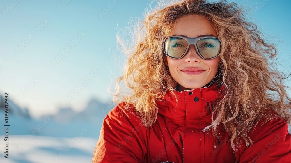 A cheerful woman sporting vibrant winter gear beams with joy against the backdrop of stunning snowy mountains, epitomizing the spirit of adventure and excitement in outdoor activities.