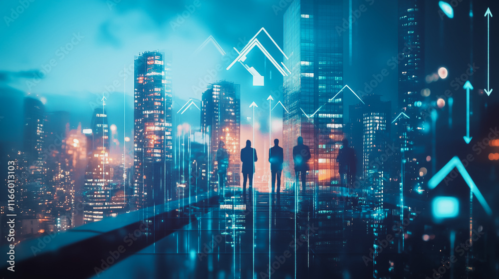 Abstract business team stands on the peak of success amid tall, innovative Smart city and graphs with statistics to analyze business potential and predict future developments in company growth. Abstract business team stands on the peak of success amid tall, innovative Smart city and graphs with statistics to analyze business potential and predict future developments in company growth.