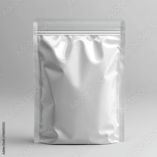 A mockup of a white bag for a gym supplement. Blank creatine package for promoting the supplement brand.