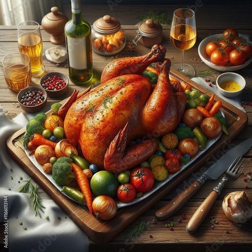 Realistic Roast Chicken A portrayal of a roast chicken dinner wi photo