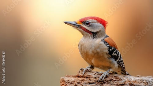 This close-up photo features a charming woodpecker perched on a log, highlighting its captivating colors and intricate feather details in a natural setting. photo