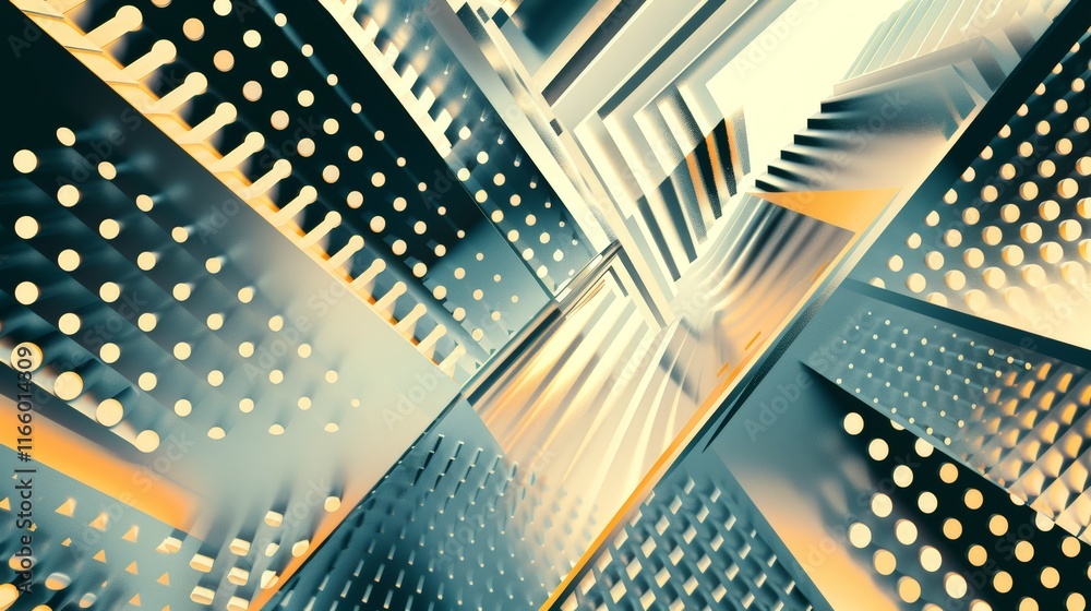 Metallic panels with circular holes creating a futuristic architectural design, ideal for technology or abstract backgrounds