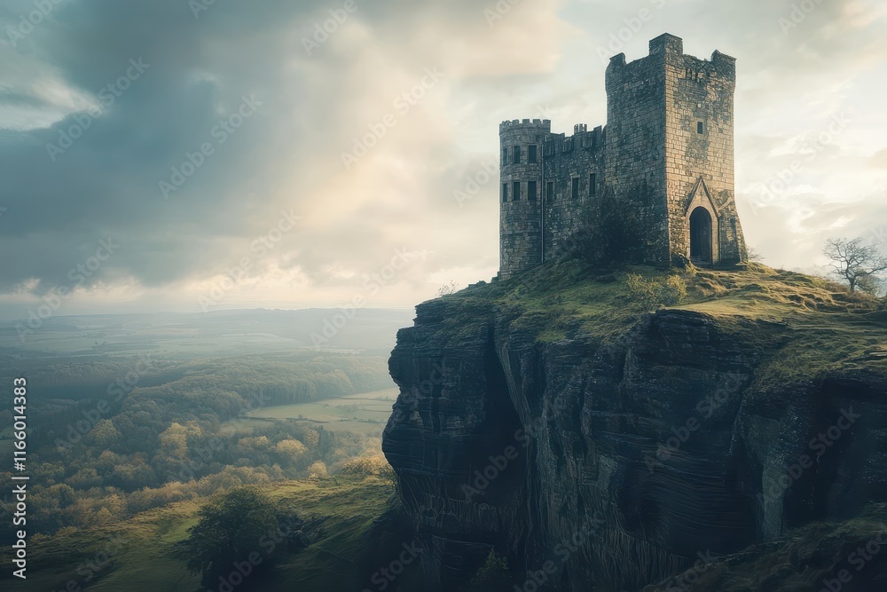 Fototapeta premium Historic stone castle perched on a rocky cliff overlooking a lush valley under a dramatic sky at dusk