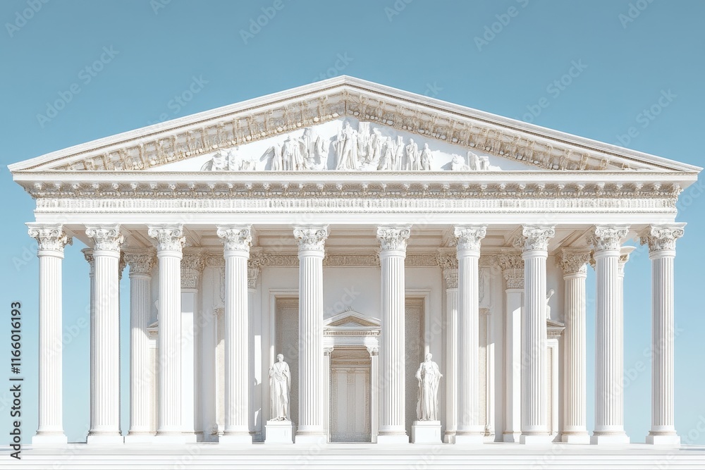 Historic white marble building with grand columns and pediment located in a sunny environment