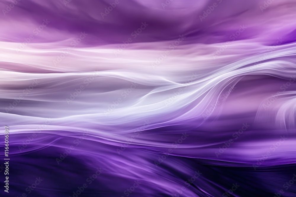 Fototapeta premium Abstract fluid waves, ethereal purple and white gradients, smoky textures, flowing energy, cosmic nebula, silk-like ripples, dream-like atmosphere, soft focus, mystical aura, violet hues, wispy curves
